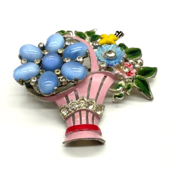 Vintage 1940's CORO Blue Glass Cabochons Enamel Rhinestone Flower Basket Brooch - Picture 3 of 10